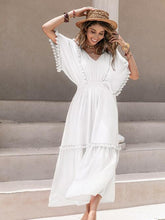 Load image into Gallery viewer, Tassel Trim Smocked V-Neck Short Sleeve Dress