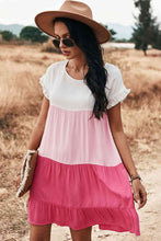 Load image into Gallery viewer, Color Block Round Neck Tiered Dress