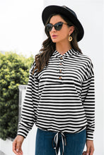 Load image into Gallery viewer, Striped Half-Button Dropped Shoulder Hoodie