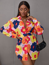 Load image into Gallery viewer, Floral Belted Curved Hem Shirt Dress