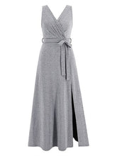 Load image into Gallery viewer, Slit Surplice Tie Waist Sleeveless Dress