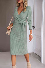 Load image into Gallery viewer, Surplice Neck Tied Ribbed Dress