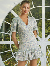 Load image into Gallery viewer, Floral Tie-Cuff Puff Sleeve Ruffle Hem Dress