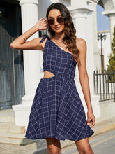 Load image into Gallery viewer, Grid One-Shoulder Tied Cutout Dress