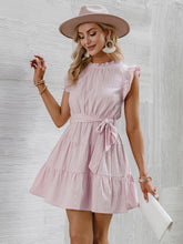 Load image into Gallery viewer, Tie-Waist Ruched Frill Trim Tiered Mini Dress