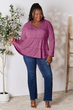 Load image into Gallery viewer, Double Take Half Button Long Sleeve Ruffle Hem Blouse