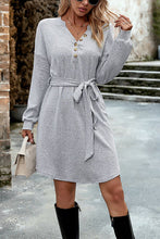 Load image into Gallery viewer, Notched Tie Waist Dropped Shoulder Mini Dress