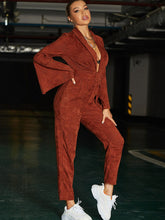Load image into Gallery viewer, Belted Shawl Collar Slit Sleeve Jumpsuit