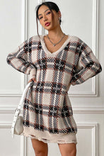 Load image into Gallery viewer, Plaid V-Neck Long Sleeve Sweater Dress