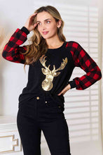 Load image into Gallery viewer, Heimish Full Size Sequin Reindeer Graphic Plaid Top
