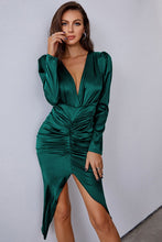 Load image into Gallery viewer, Ruched Tulip Hem Puff Sleeve Plunge Satin Dress