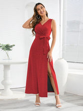 Load image into Gallery viewer, Slit Surplice Tie Waist Sleeveless Dress