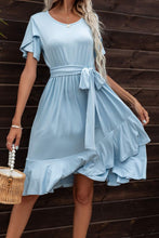 Load image into Gallery viewer, Tie Waist Petal Sleeve Ruffle Hem Dress