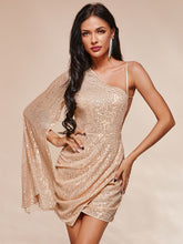 Load image into Gallery viewer, Sequin One-Shoulder Cloak Sleeve Dress