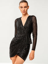 Load image into Gallery viewer, Sequined Puff Sleeve Ruffled Mini Wrap Dress