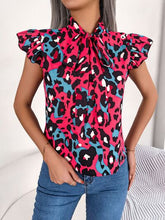Load image into Gallery viewer, Leopard Tie Neck Cap Sleeve Blouse