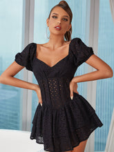 Load image into Gallery viewer, Eyelet Puff Sleeve Sweetheart Neck Layered Mini Dress