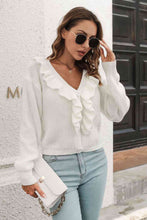 Load image into Gallery viewer, Ruffle Trim Button-Down Dropped Shoulder Sweater