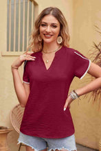 Load image into Gallery viewer, Contrast Trim Pom-Pom Detail Notched Neck Blouse