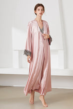Load image into Gallery viewer, Contrast Lace Trim Satin Night Dress and Robe Set