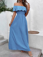 Load image into Gallery viewer, Smocked Ruffled Off-Shoulder Maxi Dress