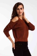 Load image into Gallery viewer, Double Take Round Neck Cold-Shoulder Ribbed Sweater