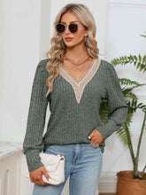 Load image into Gallery viewer, Lace Detail V-Neck Ribbed Blouse