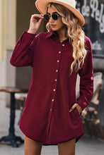Load image into Gallery viewer, Button Front Curved Hem Raglan Sleeve Shirt Dress