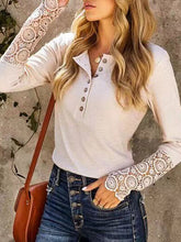Load image into Gallery viewer, Lace Detail Half Button Long Sleve Knit Top