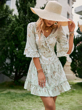 Load image into Gallery viewer, Printed Frill Trim Lace-Up Flare Sleeve Mini Dress