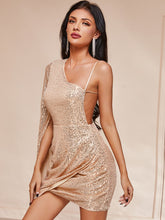 Load image into Gallery viewer, Sequin One-Shoulder Cloak Sleeve Dress