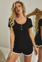 Load image into Gallery viewer, Short Sleeve Henley Top and Contrast Lace Shorts Lounge Set