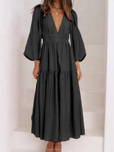 Load image into Gallery viewer, Deep V-Neck Balloon Sleeve Plain Maxi Dress
