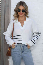 Load image into Gallery viewer, Ribbed Notched Neck Striped Long Sleeve Sweater