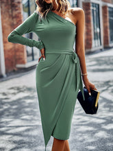Load image into Gallery viewer, One-Shoulder Pleated Detail Belted Dress
