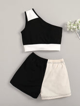 Load image into Gallery viewer, Girls Tricolor One-Shoulder Tank and Shorts Set