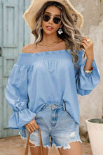 Load image into Gallery viewer, Off-Shoulder Flare Sleeve Smocked Neck Blouse