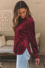 Load image into Gallery viewer, Notched Neck Buttoned Long Sleeve Velvet Blouse