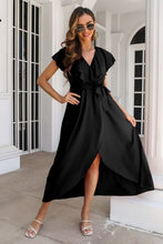 Load image into Gallery viewer, Ruffled Surplice Tie Waist Slit Midi Dress