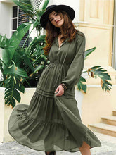Load image into Gallery viewer, Tie Neck Long Sleeve Midi Tiered Dress