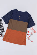 Load image into Gallery viewer, Color Block Spliced Lace Buttoned Tee