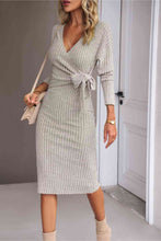 Load image into Gallery viewer, Surplice Neck Tied Ribbed Dress