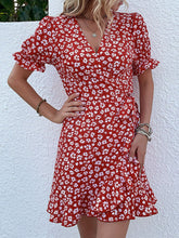 Load image into Gallery viewer, Floral Surplice Ruffle Hem Mini Dress