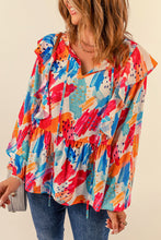 Load image into Gallery viewer, Brush Stroke Ruffled Tie Neck Blouse