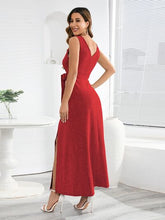 Load image into Gallery viewer, Slit Surplice Tie Waist Sleeveless Dress