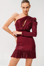 Load image into Gallery viewer, Sequin One-Shoulder Fringe Hem Dress