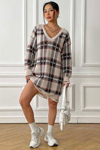 Load image into Gallery viewer, Plaid V-Neck Long Sleeve Sweater Dress