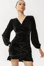 Load image into Gallery viewer, Glitter Ruched Ruffle Hem Surplice Mini Velvet Dress