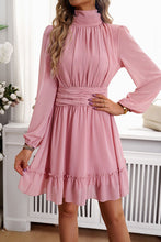 Load image into Gallery viewer, Frill Ruched Mock Neck Balloon Sleeve Dress