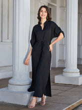 Load image into Gallery viewer, High Slit Roll-tab Sleeve Notched Neck Maxi Dress